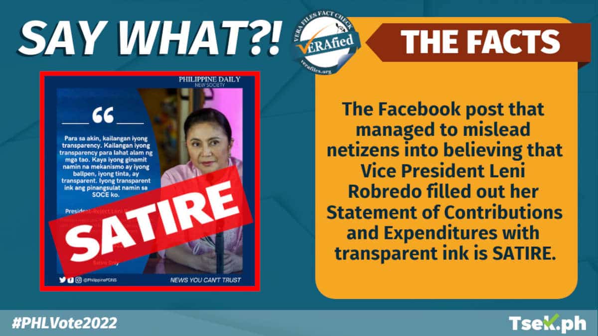 FB post claiming Robredo filled out SOCE with invisible ink is SATIRE
