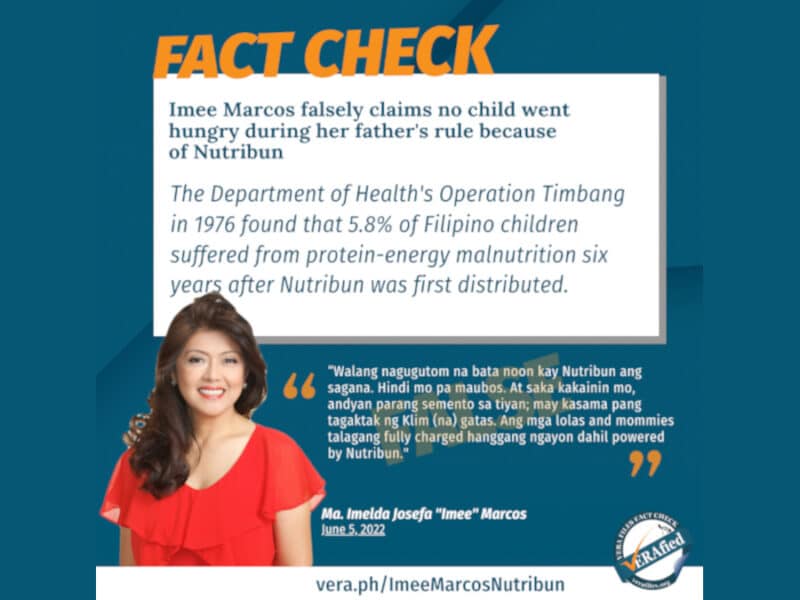 mee Marcos falsely claims no child went hungry during her father’s rule because of Nutribun