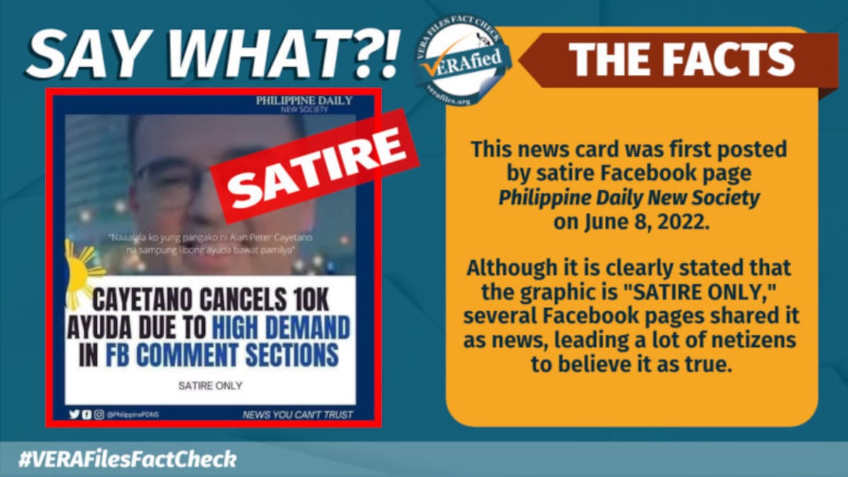 Netizens share SATIRICAL news card of Cayetano canceling P10K ayuda