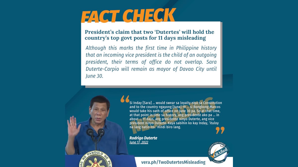President’s claim that two ‘Dutertes’ will hold the country’s top govt posts for 11 days misleading