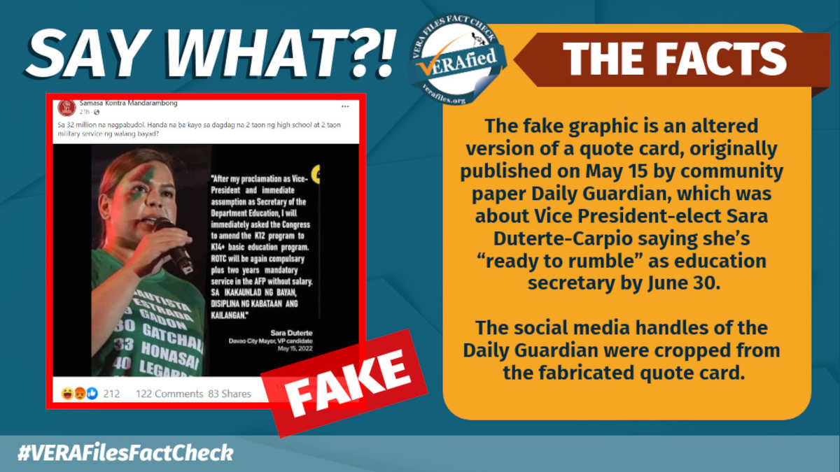 Sara Duterte quote on K-14 and ROTC FAKE