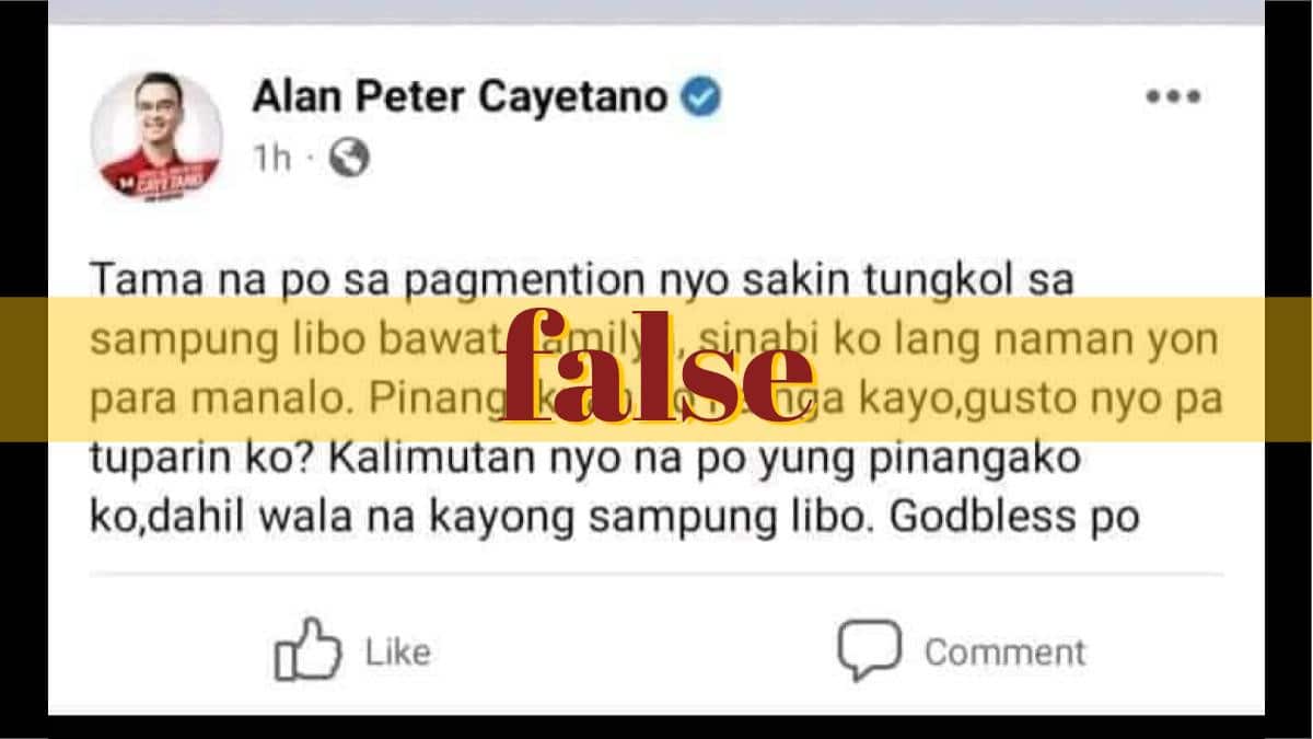 Fake Cayetano Facebook status on P10K ayuda surfaces